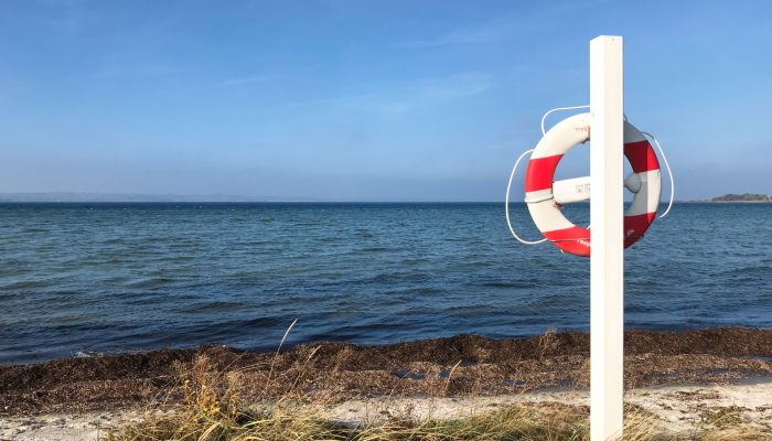 Ostsee Blick aufs Meer mit Rettungsring-Mast